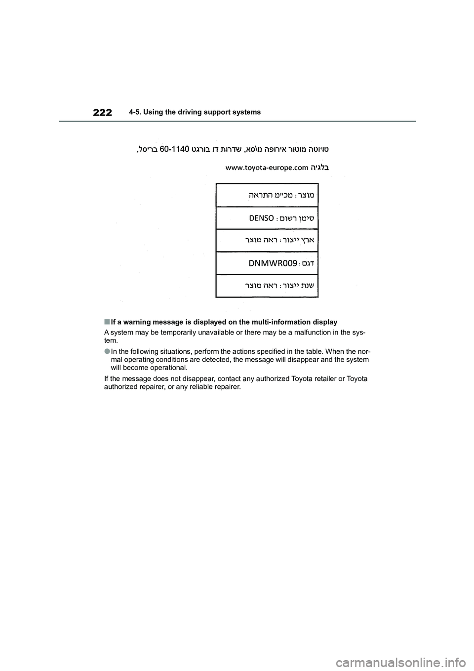 TOYOTA COROLLA HATCHBACK 2022 (in English) Workshop Manual 2224-5. Using the driving support systems
■If a warning message is displayed on the multi-information display
A system may be temporarily unavailable or there may be a malfunction in the sys-
tem. TOYOTA COROLLA HATCHBACK 2022 (in English) Workshop Manual 2224-5. Using the driving support systems
■If a warning message is displayed on the multi-information display
A system may be temporarily unavailable or there may be a malfunction in the sys-
tem.