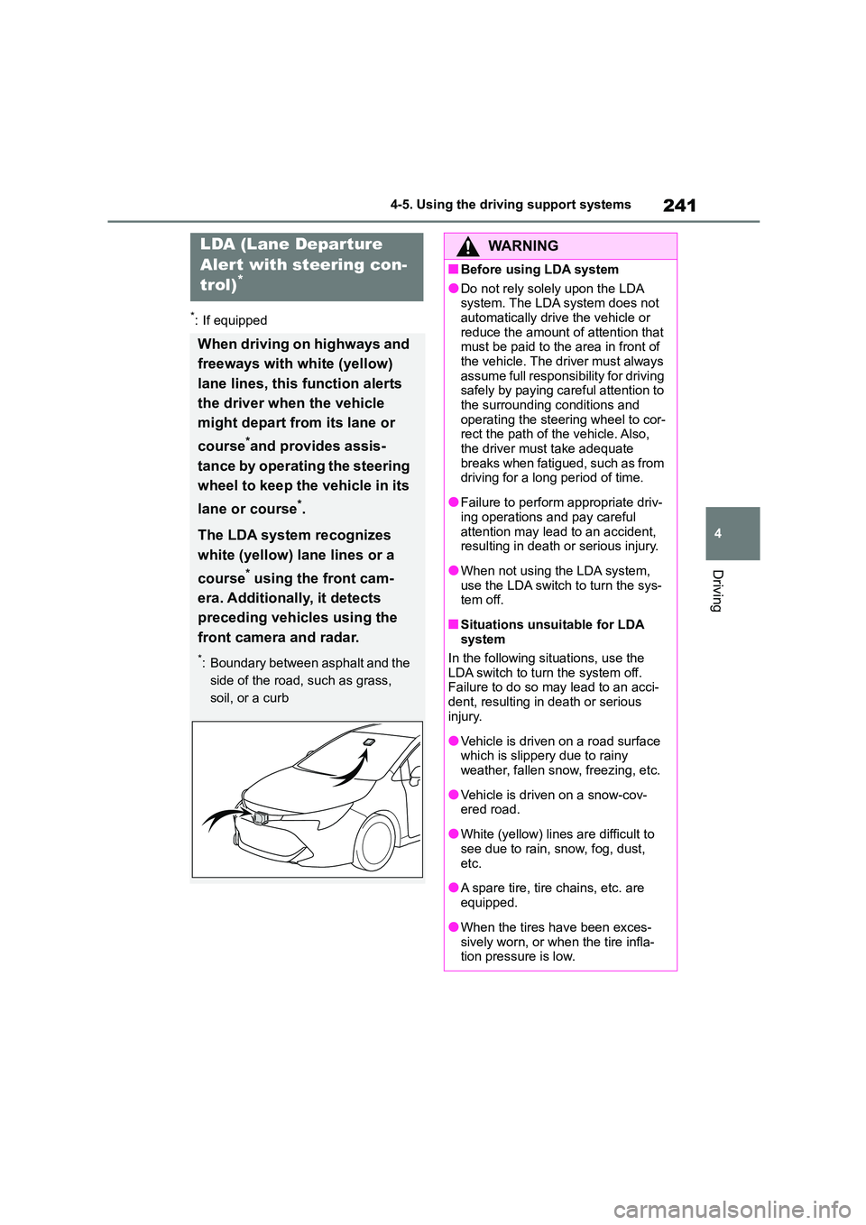 TOYOTA COROLLA HATCHBACK 2022 Owners Manual (in English) 241
4
4-5. Using the driving support systems
Driving
*: If equipped
LDA (Lane Depar ture
Alert with steering con-
trol)*
When driving on highways and
freeways with white (yellow)
lane lines, thi TOYOTA COROLLA HATCHBACK 2022 Owners Manual (in English) 241
4
4-5. Using the driving support systems
Driving
*: If equipped
LDA (Lane Depar ture
Alert with steering con-
trol)*
When driving on highways and
freeways with white (yellow)
lane lines, thi