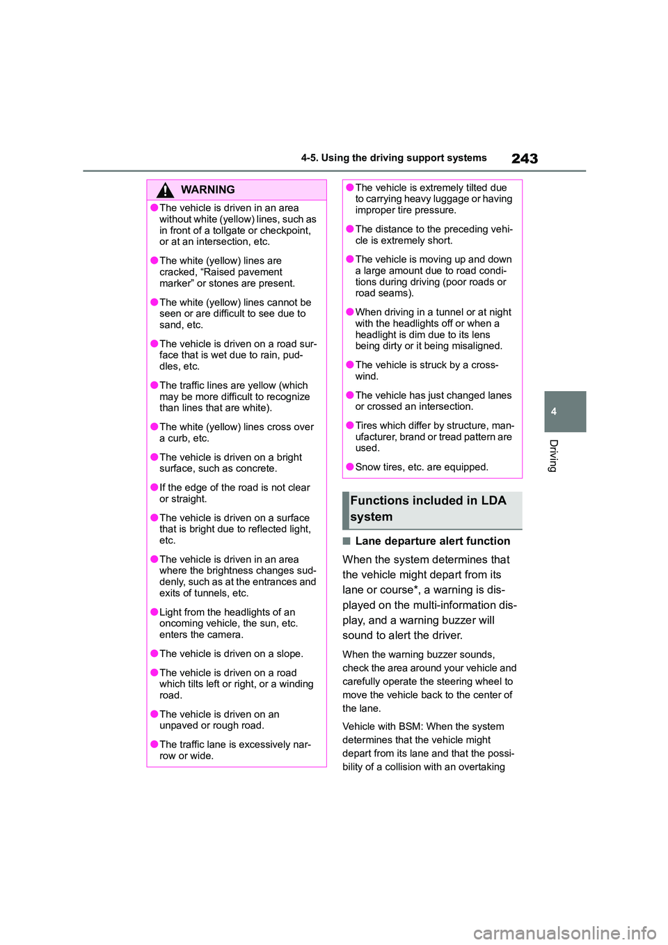 TOYOTA COROLLA HATCHBACK 2022 Owners Manual (in English) 243
4
4-5. Using the driving support systems
Driving
■Lane departure alert function
When the system determines that
the vehicle might depart from its
lane or course*, a warning is dis-
played o TOYOTA COROLLA HATCHBACK 2022 Owners Manual (in English) 243
4
4-5. Using the driving support systems
Driving
■Lane departure alert function
When the system determines that
the vehicle might depart from its
lane or course*, a warning is dis-
played o