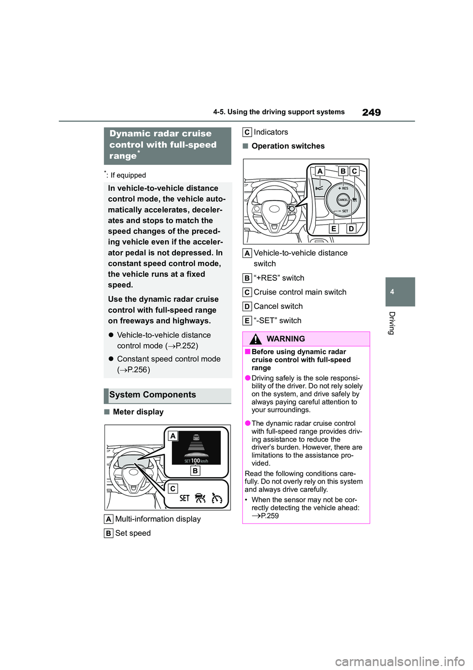TOYOTA COROLLA HATCHBACK 2022 (in English) Manual PDF 249
4
4-5. Using the driving support systems
Driving
*: If equipped
■Meter display
Multi-information display
Set speed
Indicators
■Operation switches
Vehicle-to-vehicle distance
switch
“ TOYOTA COROLLA HATCHBACK 2022 (in English) Manual PDF 249
4
4-5. Using the driving support systems
Driving
*: If equipped
■Meter display
Multi-information display
Set speed
Indicators
■Operation switches
Vehicle-to-vehicle distance
switch
“