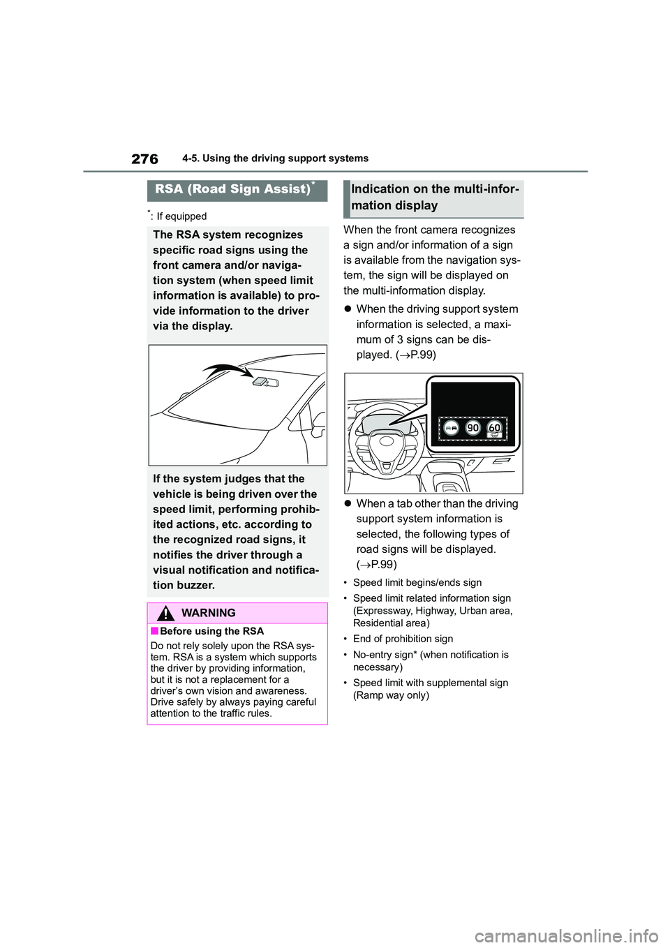TOYOTA COROLLA HATCHBACK 2022   (in English) Manual Online 2764-5. Using the driving support systems
*: If equipped
When the front camera recognizes  
a sign and/or information of a sign 
is available from the navigation sys-
tem, the sign will  be displayed 