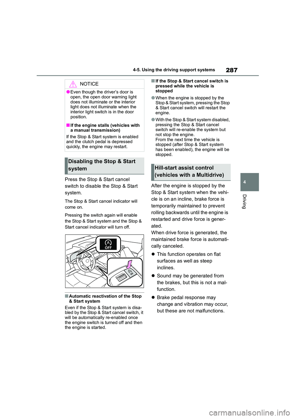 TOYOTA COROLLA HATCHBACK 2022 (in English) Service Manual 287
4
4-5. Using the driving support systems
Driving
Press the Stop & Start cancel
switch to disable the Stop & Start
system.
The Stop & Start cancel indicator will
come on.
Pressing the switch TOYOTA COROLLA HATCHBACK 2022 (in English) Service Manual 287
4
4-5. Using the driving support systems
Driving
Press the Stop & Start cancel
switch to disable the Stop & Start
system.
The Stop & Start cancel indicator will
come on.
Pressing the switch