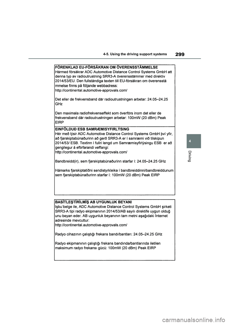 TOYOTA COROLLA HATCHBACK 2022 Owners Manual (in English) 299
4
4-5. Using the driving support systems
Driving TOYOTA COROLLA HATCHBACK 2022 Owners Manual (in English) 299
4
4-5. Using the driving support systems
Driving