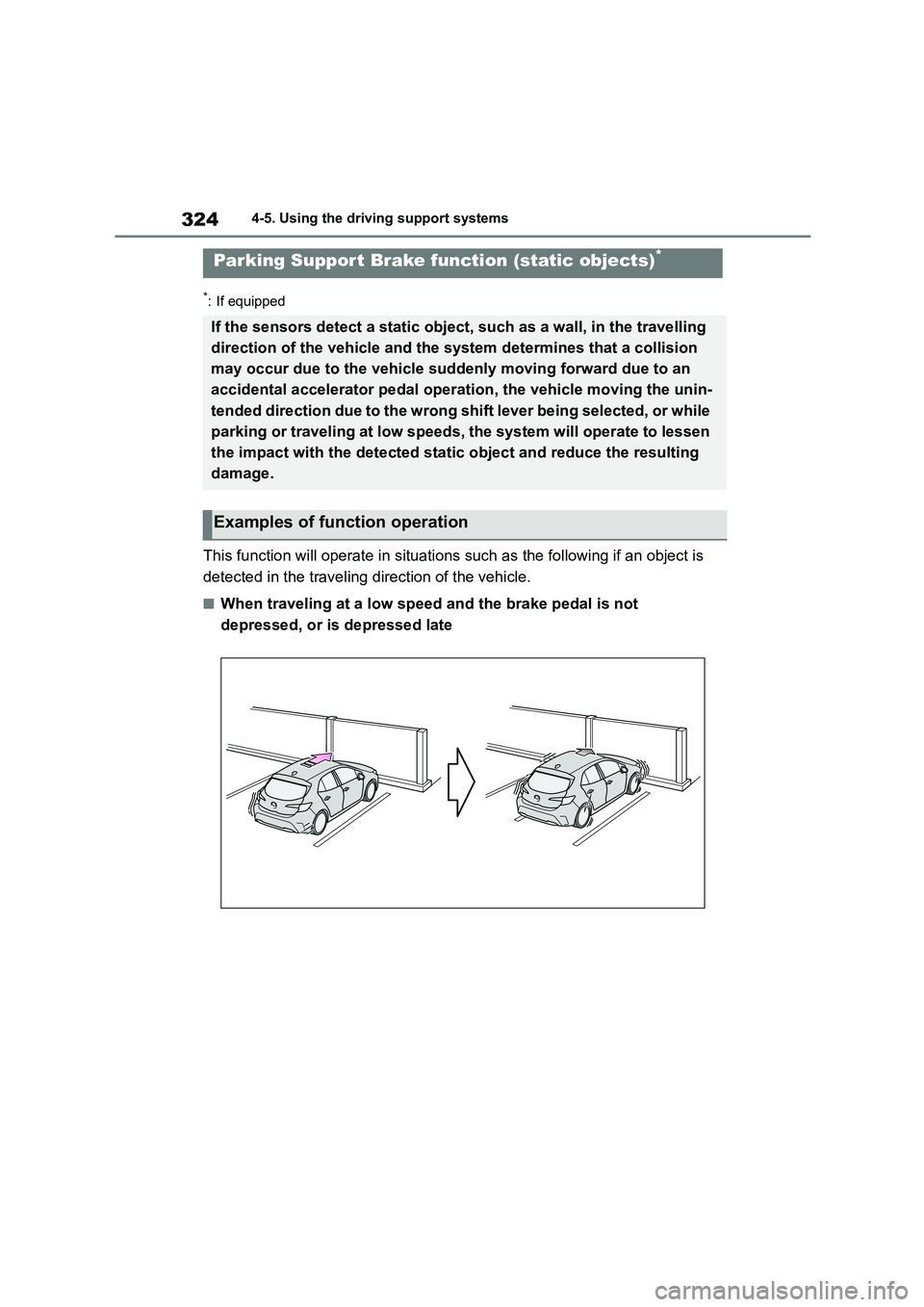 TOYOTA COROLLA HATCHBACK 2022 (in English) User Guide 3244-5. Using the driving support systems
*: If equipped
This function will operate in situations such as the following if an object is
detected in the traveling direction of the vehicle.
■When tr TOYOTA COROLLA HATCHBACK 2022 (in English) User Guide 3244-5. Using the driving support systems
*: If equipped
This function will operate in situations such as the following if an object is
detected in the traveling direction of the vehicle.
■When tr