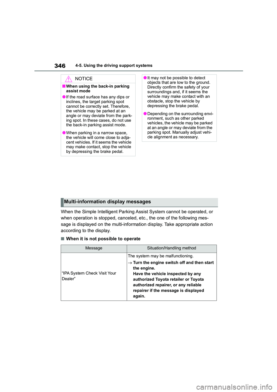 TOYOTA COROLLA HATCHBACK 2022  Owners Manual (in English) 3464-5. Using the driving support systems
When the Simple Intelligent Parking Assist  System cannot be operated, or  
when operation is stopped, canceled,  etc., the one of the following mes- 
sage is