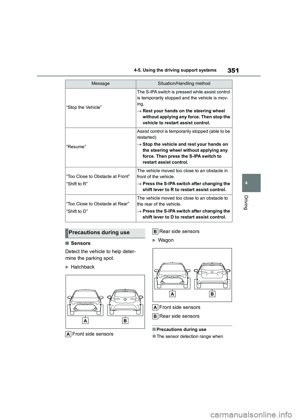 TOYOTA COROLLA HATCHBACK 2022 (in English) User Guide 351
4
4-5. Using the driving support systems
Driving
■Sensors
Detect the vehicle to help deter-
mine the parking spot.
Hatchback
Front side sensors
Rear side sensors
Wagon
Front side sen TOYOTA COROLLA HATCHBACK 2022 (in English) User Guide 351
4
4-5. Using the driving support systems
Driving
■Sensors
Detect the vehicle to help deter-
mine the parking spot.
Hatchback
Front side sensors
Rear side sensors
Wagon
Front side sen