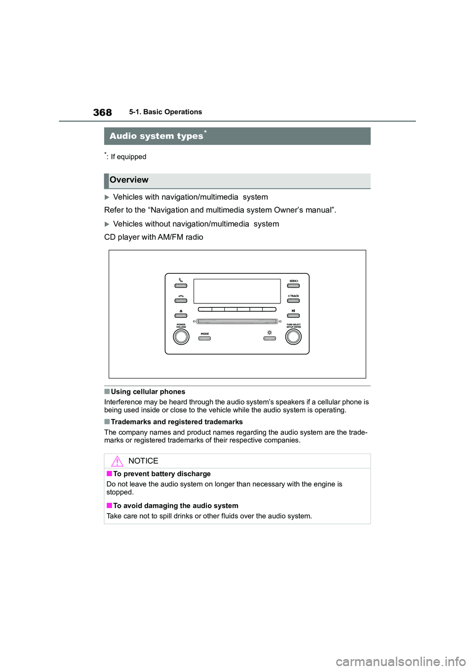 TOYOTA COROLLA HATCHBACK 2022 (in English) User Guide 3685-1. Basic Operations
5-1.Basic Operations
*: If equipped
Vehicles with navigation/multimedia system
Refer to the “Navigation and mu ltimedia system Owner’s manual”.
Vehicles without TOYOTA COROLLA HATCHBACK 2022 (in English) User Guide 3685-1. Basic Operations
5-1.Basic Operations
*: If equipped
Vehicles with navigation/multimedia system
Refer to the “Navigation and mu ltimedia system Owner’s manual”.
Vehicles without