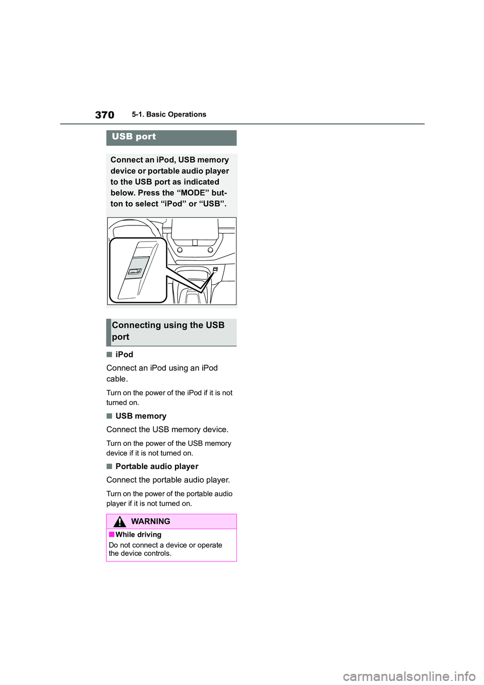 TOYOTA COROLLA HATCHBACK 2022  Owners Manual (in English) 3705-1. Basic Operations
■iPod 
Connect an iPod using an iPod  
cable.
Turn on the power of the iPod if it is not  
turned on.
■USB memory 
Connect the USB memory device.
Turn on the power of the 