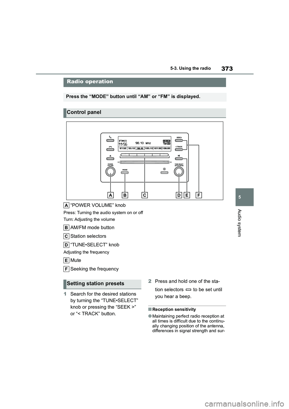 TOYOTA COROLLA HATCHBACK 2022  Owners Manual (in English) 373
5 
5-3. Using the radio
Audio system
5-3.Using the radio
“POWER VOLUME” knob
Press: Turning the audio system on or off 
Turn: Adjusting the volume
AM/FM mode button 
Station selectors 
“TUNE