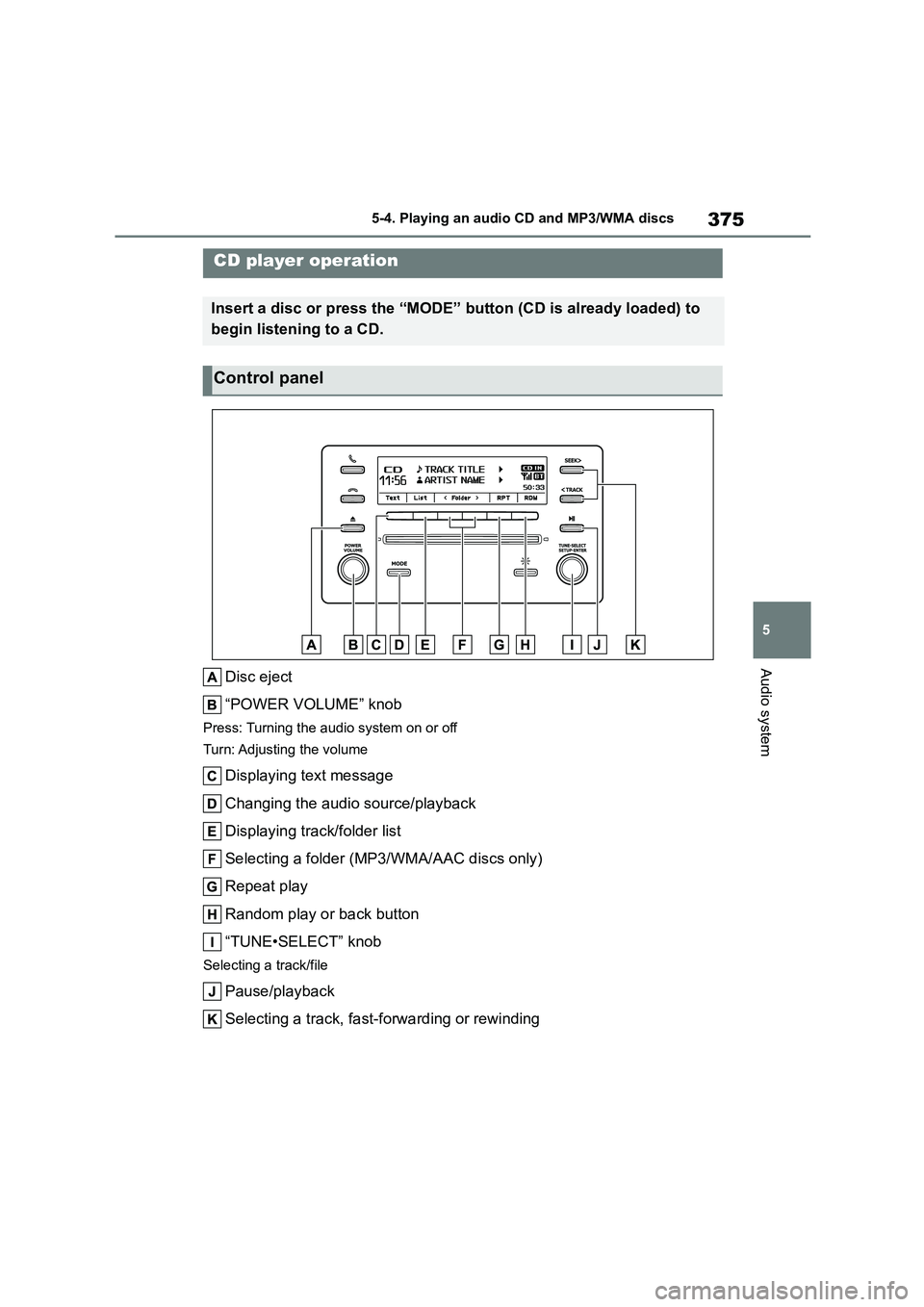 TOYOTA COROLLA HATCHBACK 2022  Owners Manual (in English) 375
5 
5-4. Playing an audio CD and MP3/WMA discs
Audio system
5-4.Playing an audio CD and MP3/WMA discs
Disc eject 
“POWER VOLUME” knob
Press: Turning the audio system on or off 
Turn: Adjusting 
