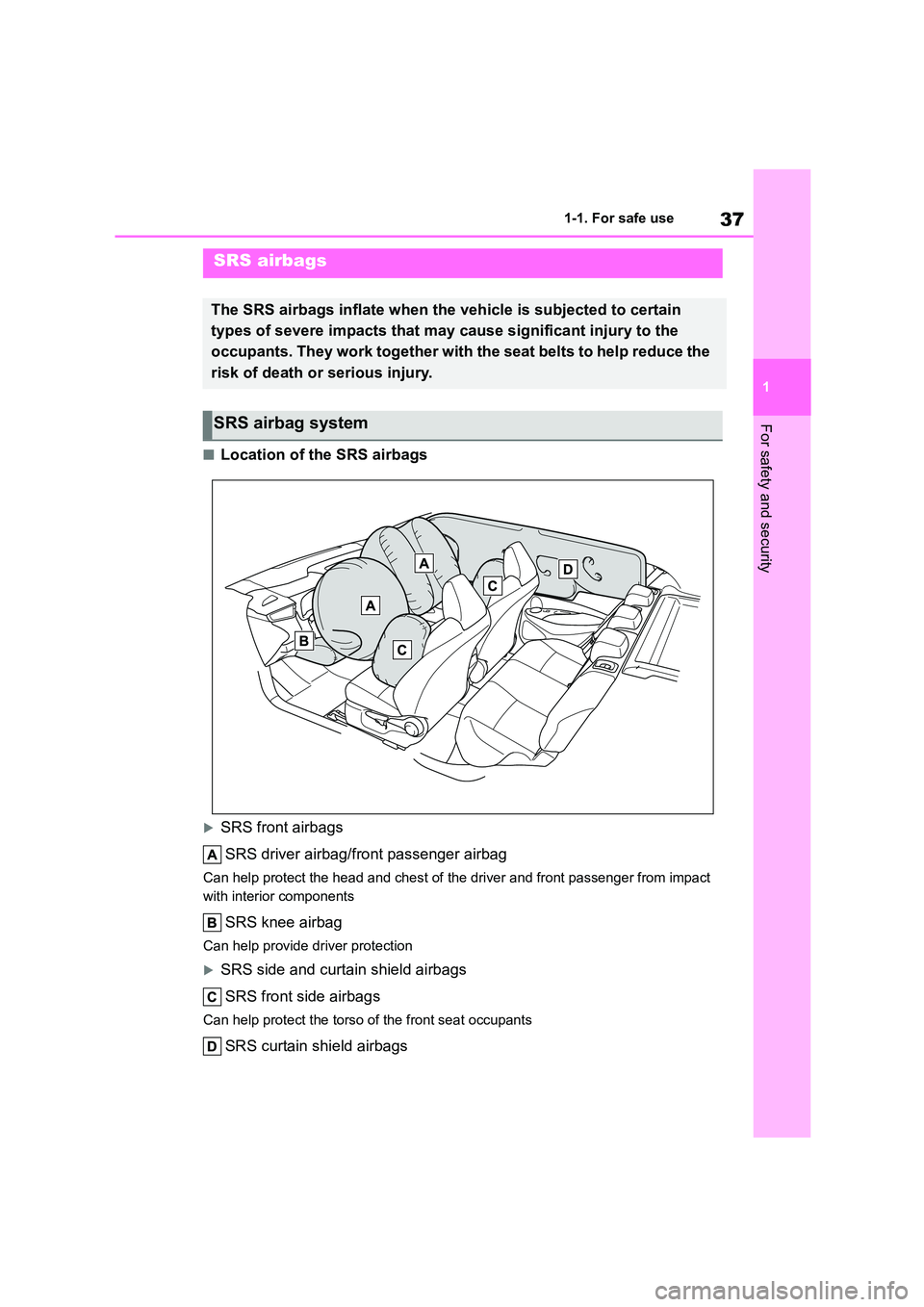 TOYOTA COROLLA HATCHBACK 2022 (in English) Owners Guide 37
1
1-1. For safe use
For safety and security
■Location of the SRS airbags
SRS front airbags
SRS driver airbag/front passenger airbag
Can help protect the head and chest of th e driver and fro TOYOTA COROLLA HATCHBACK 2022 (in English) Owners Guide 37
1
1-1. For safe use
For safety and security
■Location of the SRS airbags
SRS front airbags
SRS driver airbag/front passenger airbag
Can help protect the head and chest of th e driver and fro