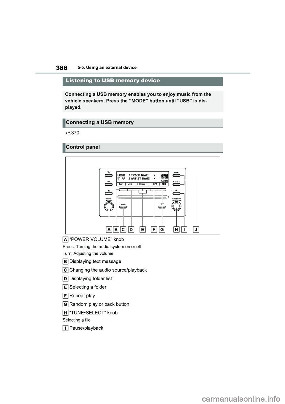 TOYOTA COROLLA HATCHBACK 2022  Owners Manual (in English) 3865-5. Using an external device
P. 3 7 0 
“POWER VOLUME” knob
Press: Turning the audio system on or off 
Turn: Adjusting the volume
Displaying text message 
Changing the audio source/playback 
