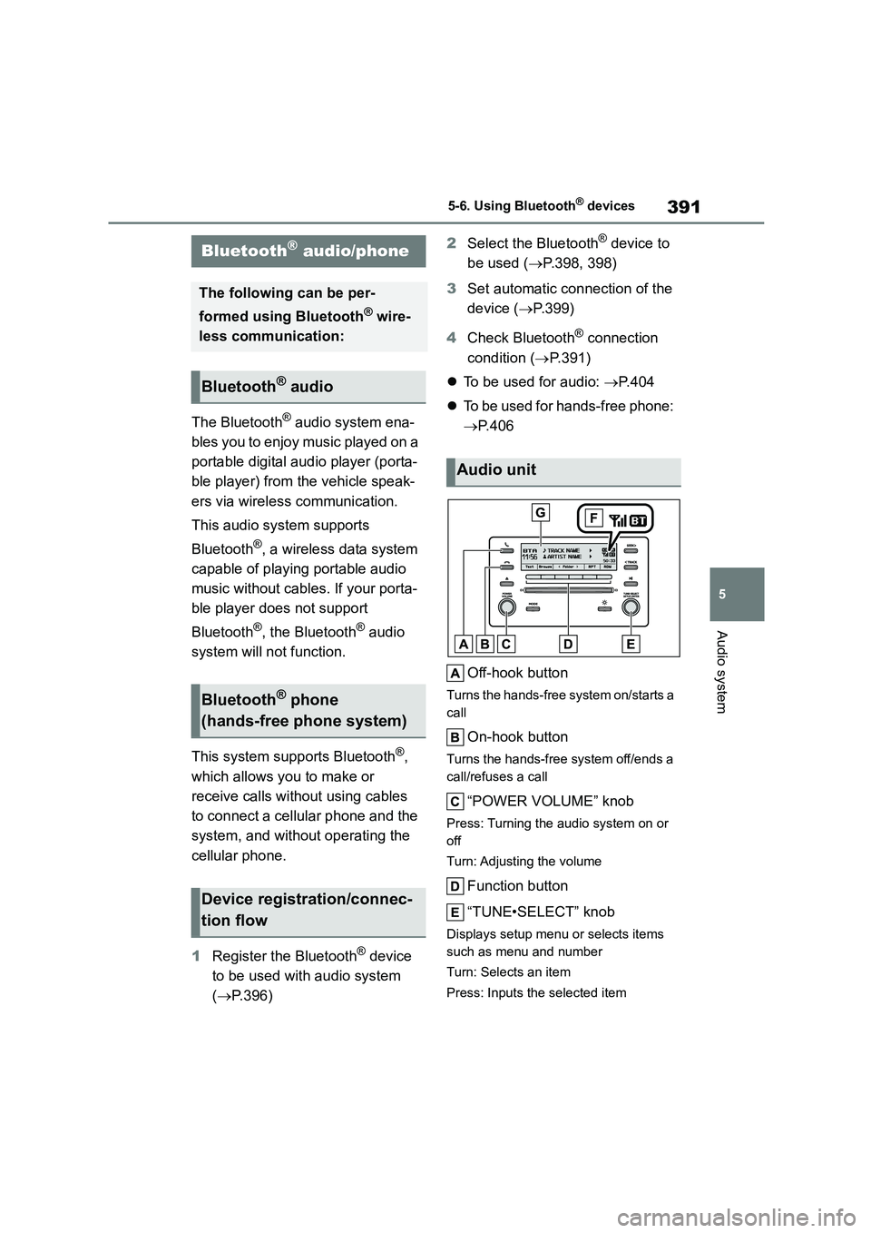 TOYOTA COROLLA HATCHBACK 2022 Owners Manual (in English) 391
5
5-6. Using Bluetooth® devices
Audio system
5-6.Using Bluetooth® devices
The Bluetooth® audio system ena-
bles you to enjoy music played on a
portable digital audio player (porta-
ble playe TOYOTA COROLLA HATCHBACK 2022 Owners Manual (in English) 391
5
5-6. Using Bluetooth® devices
Audio system
5-6.Using Bluetooth® devices
The Bluetooth® audio system ena-
bles you to enjoy music played on a
portable digital audio player (porta-
ble playe