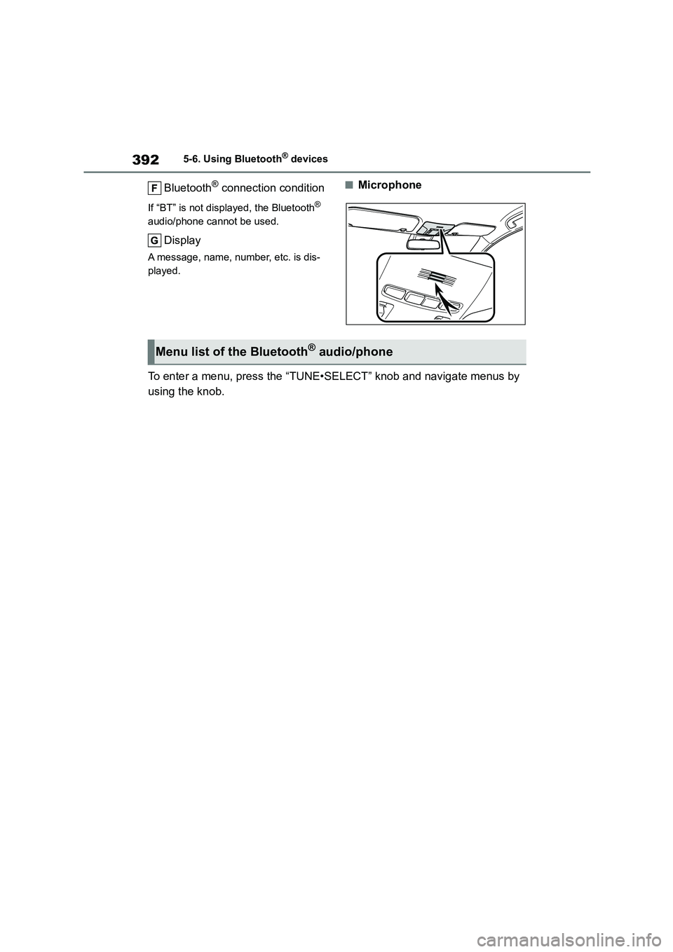TOYOTA COROLLA HATCHBACK 2022  Owners Manual (in English) 3925-6. Using Bluetooth® devices
Bluetooth® connection condition
If “BT” is not displayed, the Bluetooth®  
audio/phone cannot be used.
Display
A message, name, number, etc. is dis-
played.
■