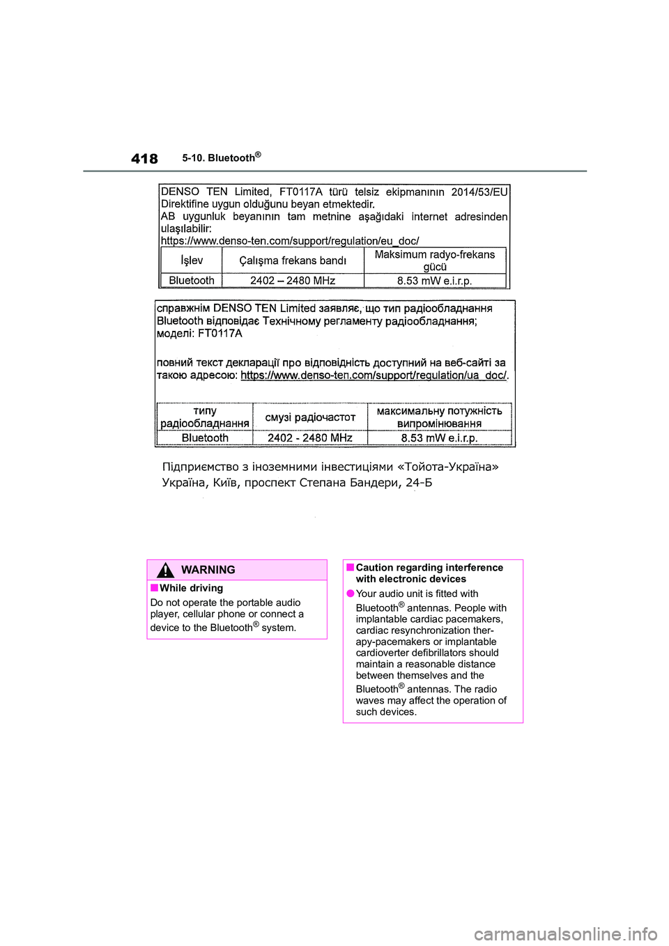 TOYOTA COROLLA HATCHBACK 2022 (in English) Owners Manual 4185-10. Bluetooth®
WA R N I N G
■While driving
Do not operate the portable audio player, cellular phone or connect a
device to the Bluetooth® system.
■Caution regarding interference
with TOYOTA COROLLA HATCHBACK 2022 (in English) Owners Manual 4185-10. Bluetooth®
WA R N I N G
■While driving
Do not operate the portable audio player, cellular phone or connect a
device to the Bluetooth® system.
■Caution regarding interference
with
