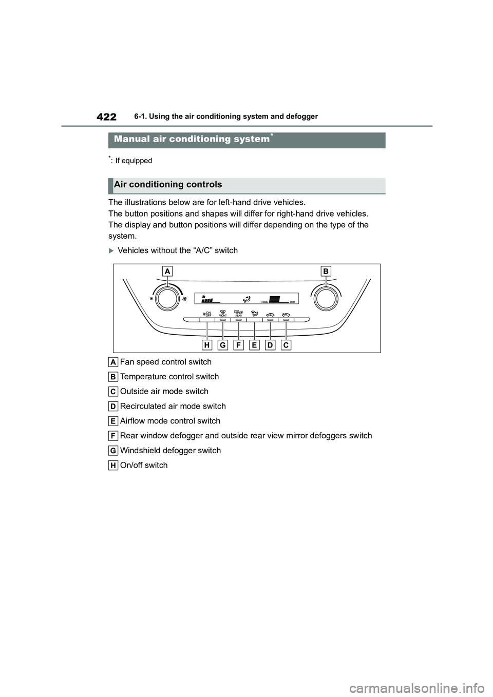 TOYOTA COROLLA HATCHBACK 2022  Owners Manual (in English) 4226-1. Using the air conditioning system and defogger
6-1.Using the air conditioning system and defogger
*: If equipped
The illustrations below are for left-hand drive vehicles. 
The button positions