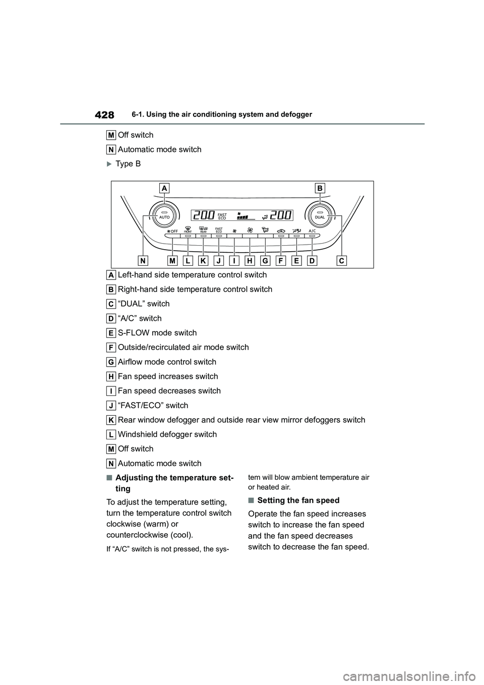 TOYOTA COROLLA HATCHBACK 2022  Owners Manual (in English) 4286-1. Using the air conditioning system and defogger
Off switch 
Automatic mode switch
Type B 
Left-hand side temperature control switch 
Right-hand side temperature control switch
“DUAL” swi