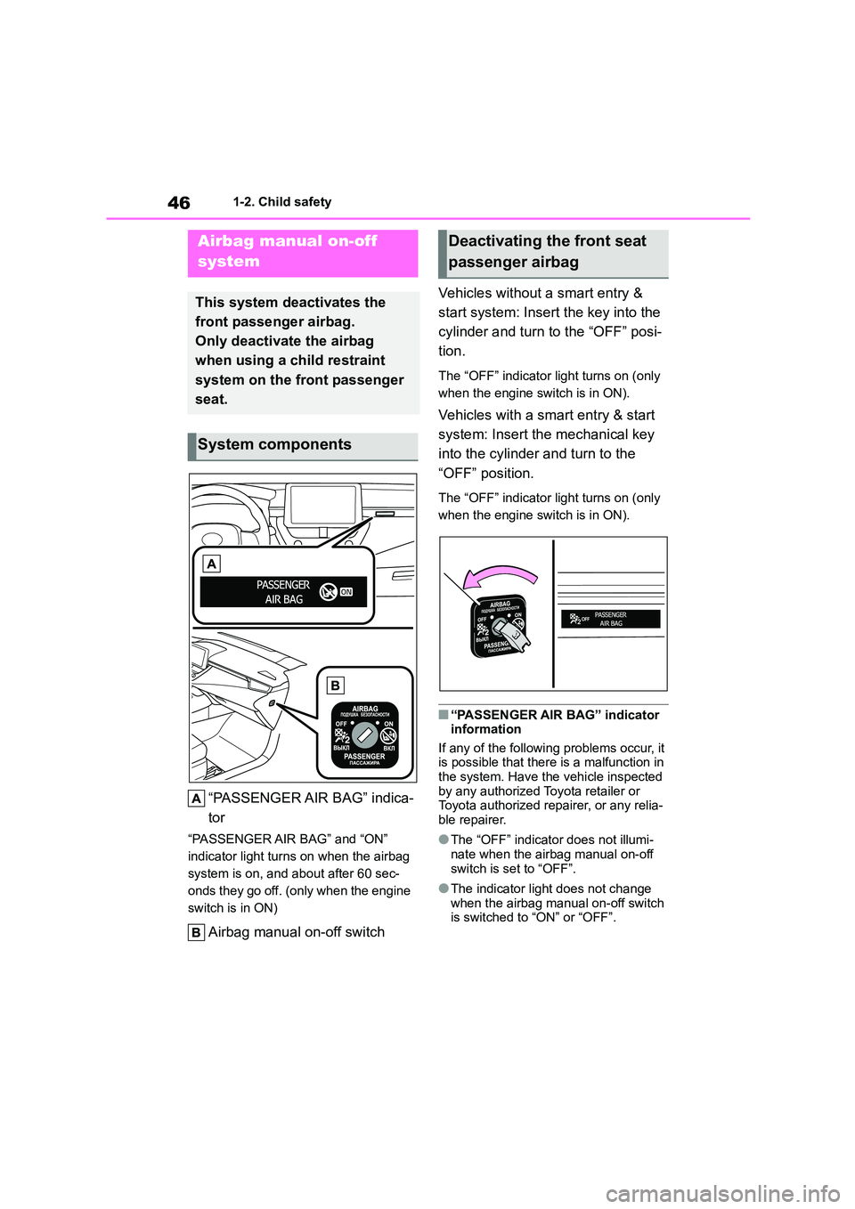 TOYOTA COROLLA HATCHBACK 2022  Owners Manual (in English) 461-2. Child safety
1-2.Child safety
“PASSENGER AIR  BAG”  indica- 
tor
“PASSENGER AIR BAG” and “ON”  
indicator light turns on when the airbag 
system is on, and about after 60 sec-
onds 