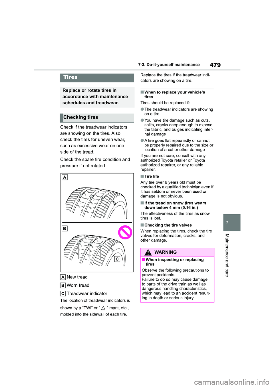 TOYOTA COROLLA HATCHBACK 2022  Owners Manual (in English) 479
7 
7-3. Do-it-yourself maintenance
Maintenance and care
Check if the treadwear indicators  
are showing on the tires. Also 
check the tires for uneven wear, 
such as excessive wear on one 
side of