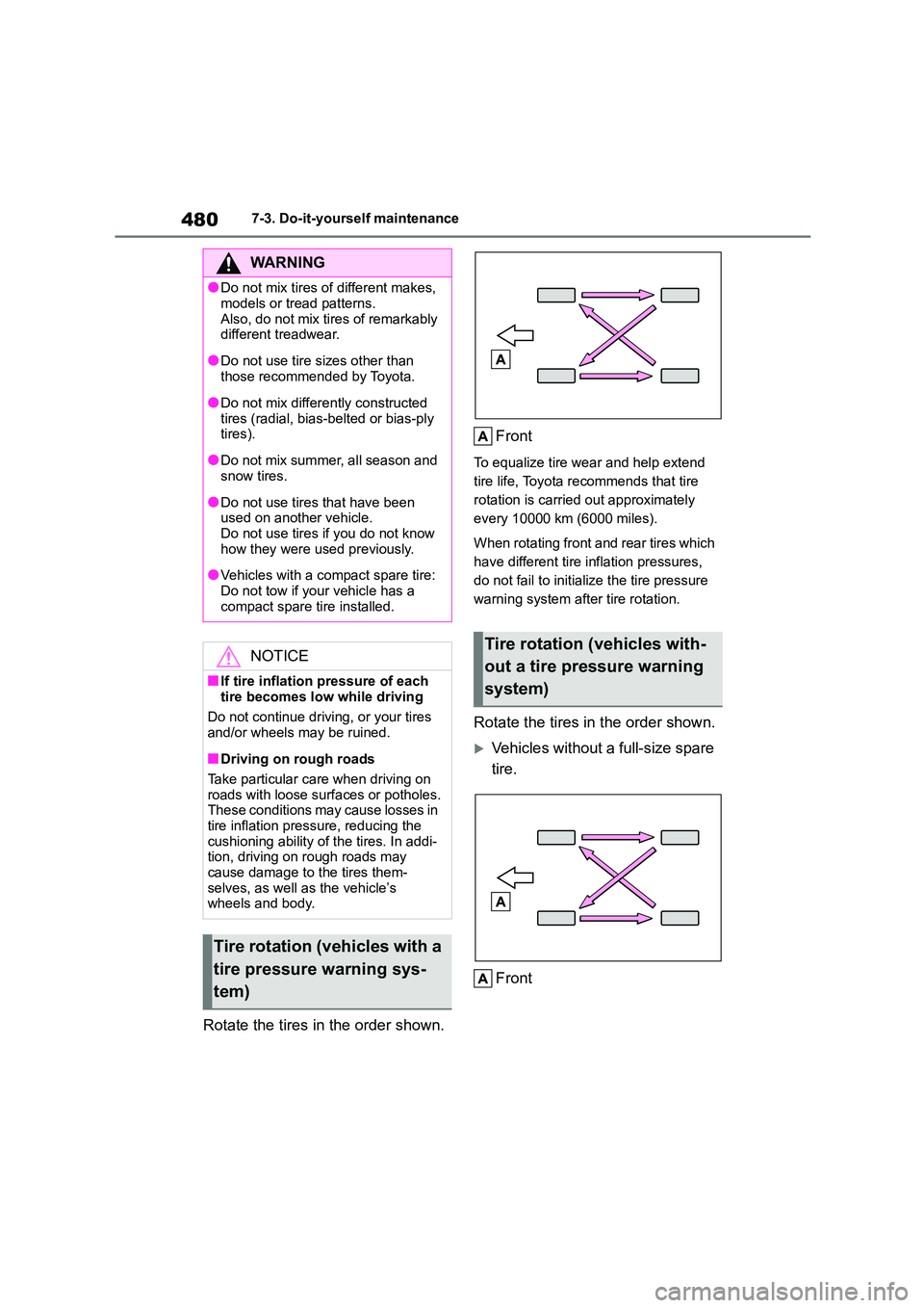 TOYOTA COROLLA HATCHBACK 2022  Owners Manual (in English) 4807-3. Do-it-yourself maintenance
Rotate the tires in the order shown. 
Front
To equalize tire wear and help extend  
tire life, Toyota recommends that tire 
rotation is carried out approximately 
ev