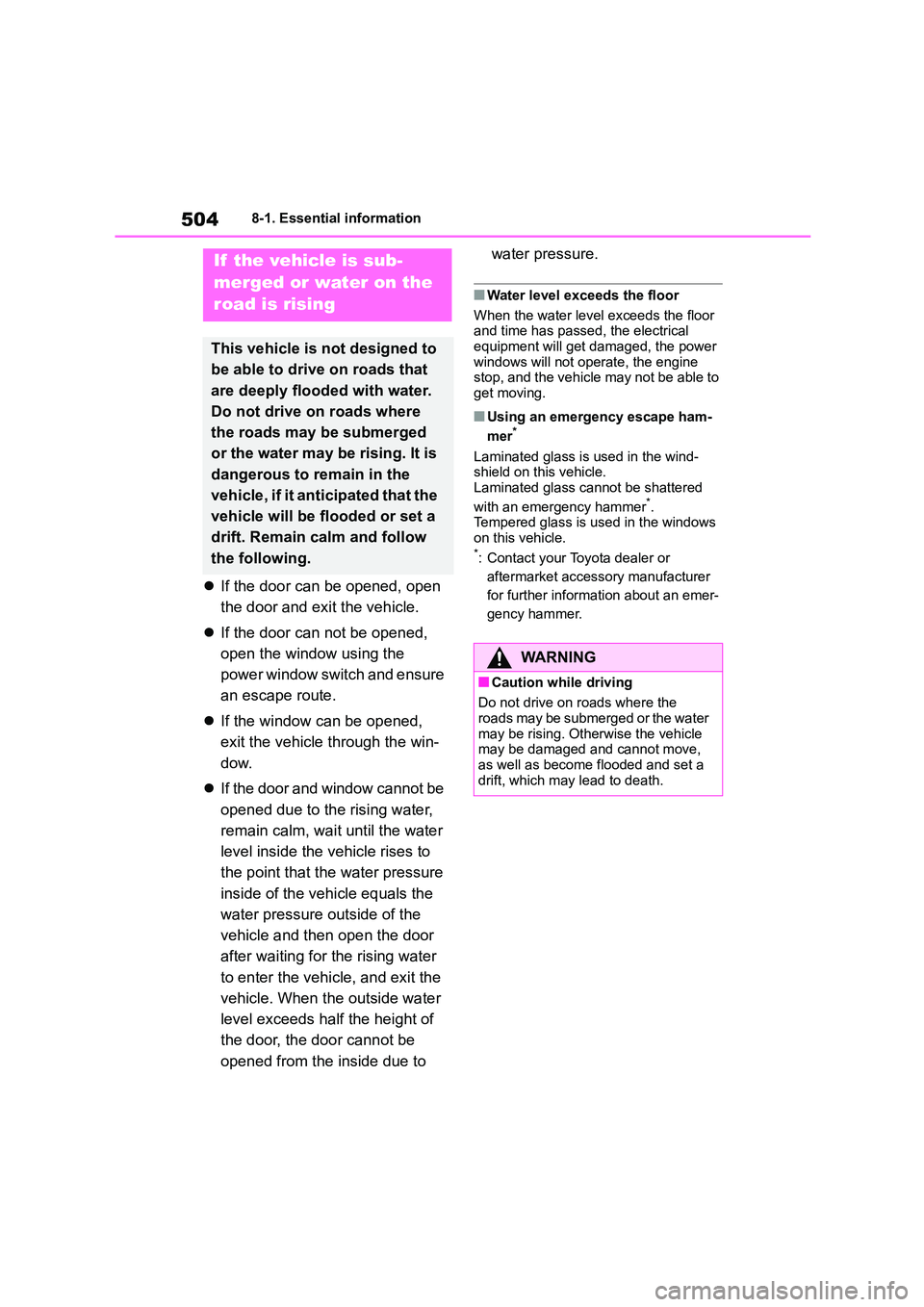 TOYOTA COROLLA HATCHBACK 2022 (in English) Owners Guide 5048-1. Essential information
If the door can be opened, open
the door and exit the vehicle.
If the door can not be opened,
open the window using the
power window switch and ensure
an es TOYOTA COROLLA HATCHBACK 2022 (in English) Owners Guide 5048-1. Essential information
If the door can be opened, open
the door and exit the vehicle.
If the door can not be opened,
open the window using the
power window switch and ensure
an es