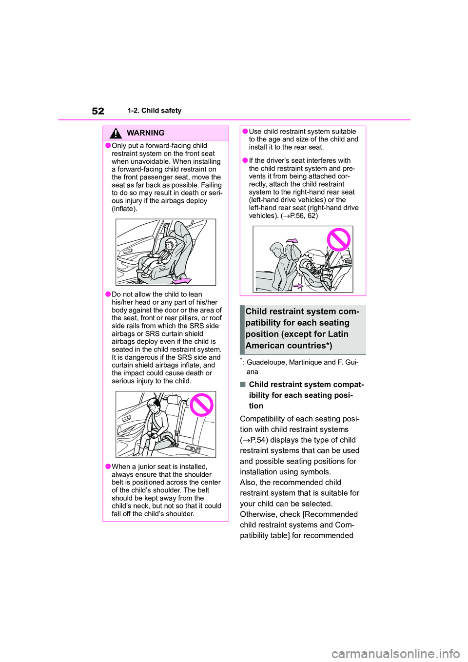 TOYOTA COROLLA HATCHBACK 2022  Owners Manual (in English) 521-2. Child safety
*: Guadeloupe, Martinique and F. Gui- 
ana
■Child restraint system compat- 
ibility for each seating posi-
tion 
Compatibility of each seating posi- 
tion with child restraint sy