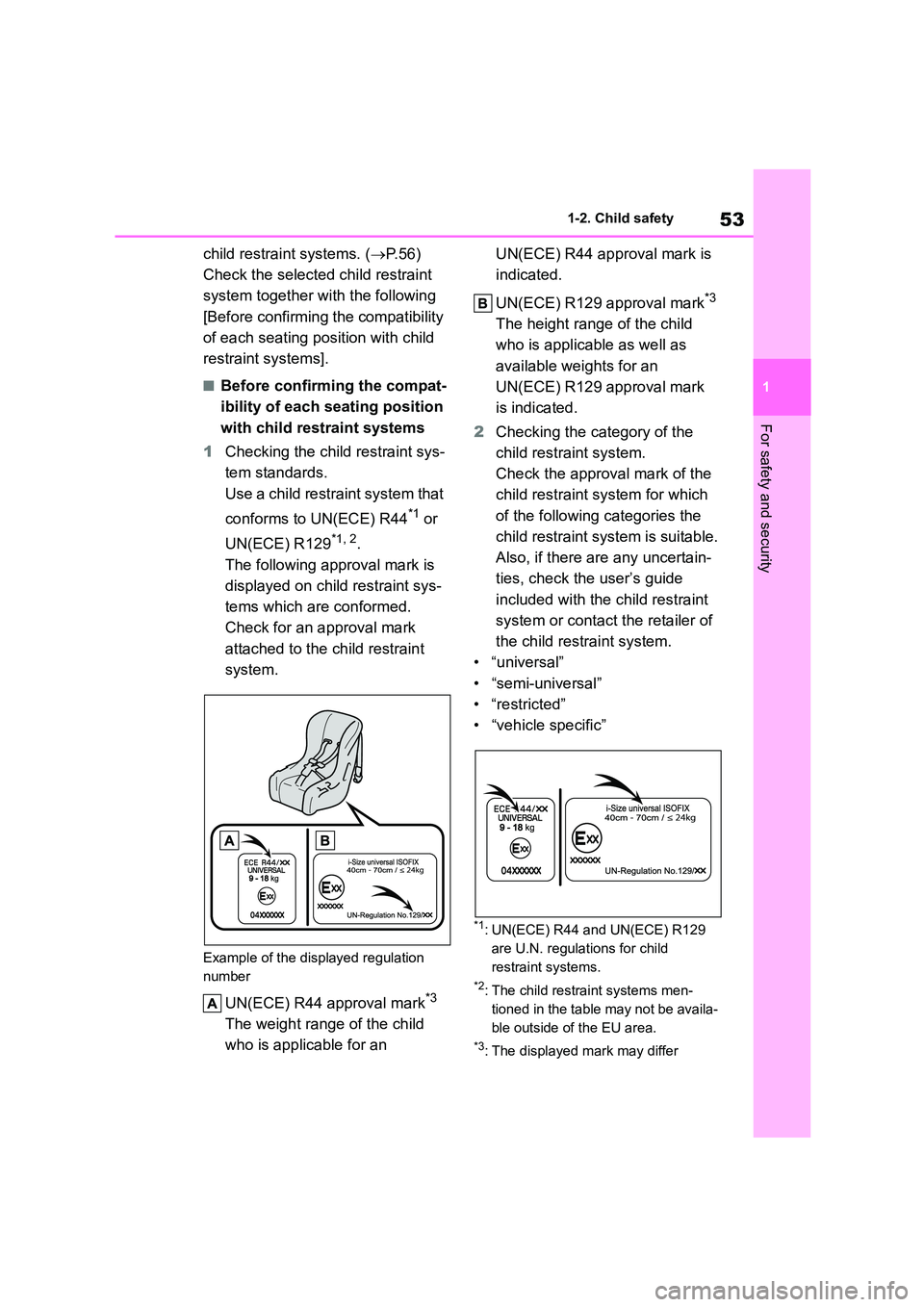 TOYOTA COROLLA HATCHBACK 2022  Owners Manual (in English) 53
1 
1-2. Child safety
For safety and security
child restraint systems. ( P. 5 6 ) 
Check the selected child restraint 
system together with the following 
[Before confirming the compatibility 
of