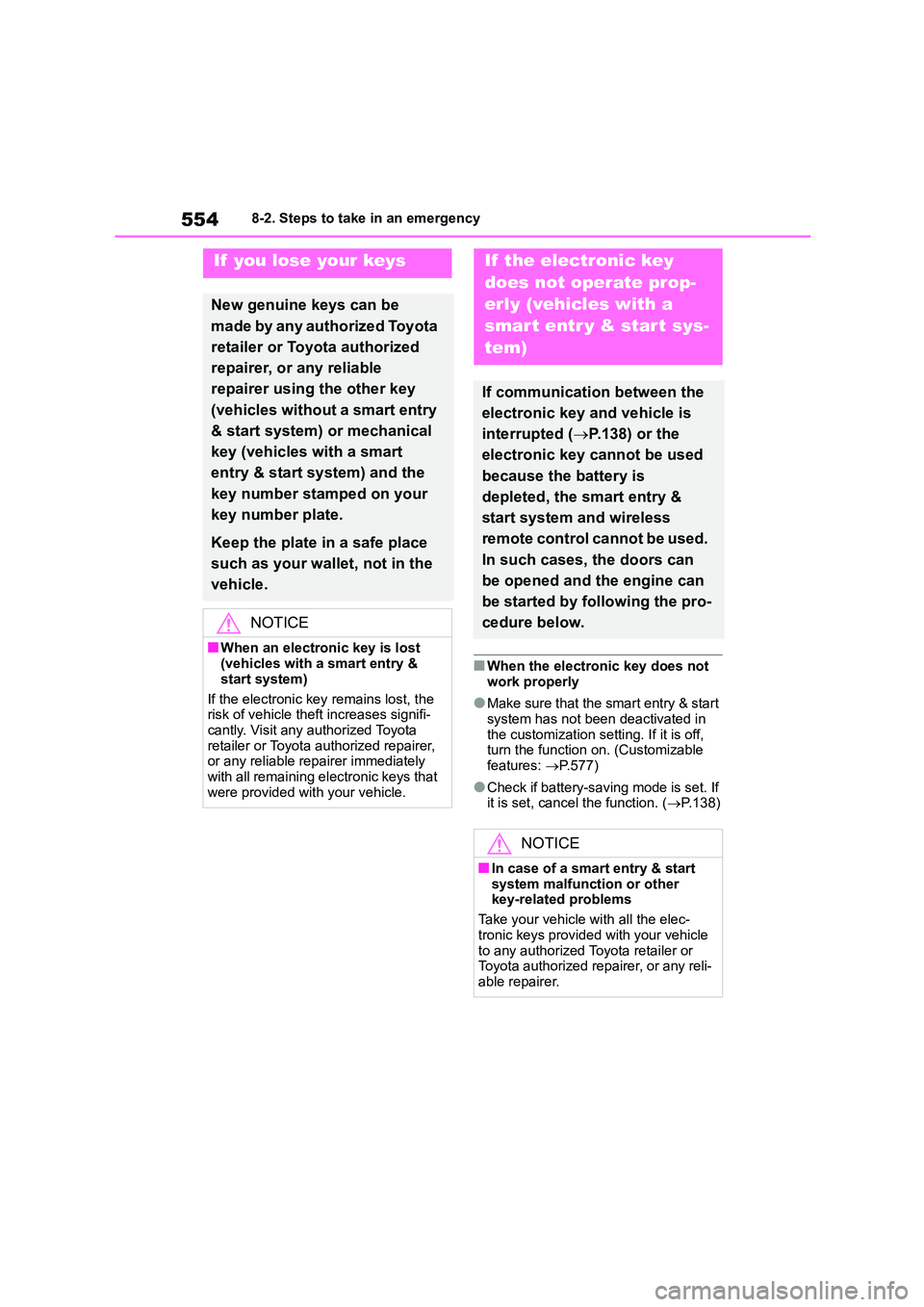 TOYOTA COROLLA HATCHBACK 2022  Owners Manual (in English) 5548-2. Steps to take in an emergency
■When the electronic key does not  
work properly
●Make sure that the smart entry & start 
system has not been deactivated in 
the customization setting. If i