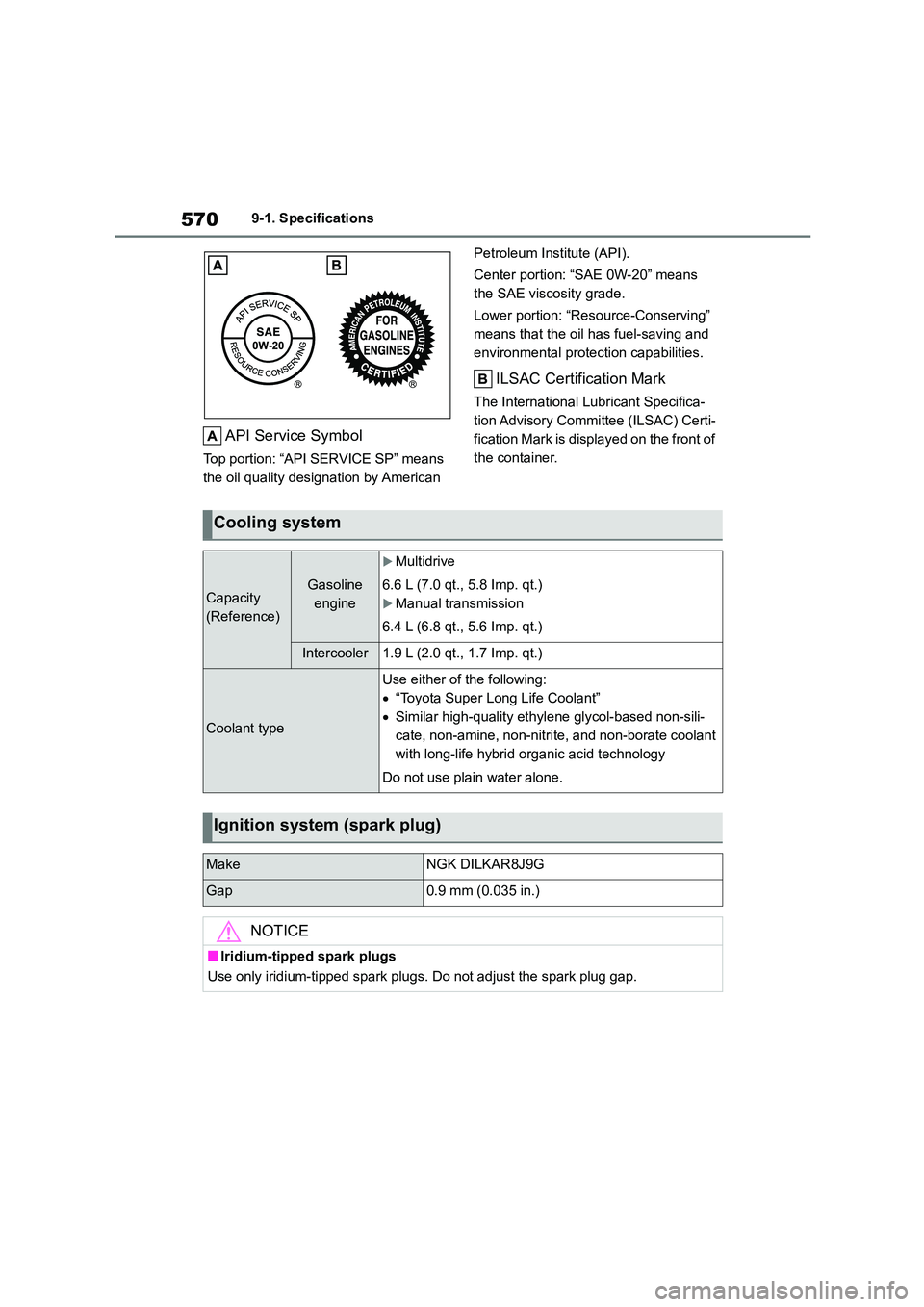 TOYOTA COROLLA HATCHBACK 2022   (in English) Owners Manual 5709-1. Specifications
API Service Symbol
Top portion: “API SERVICE SP” means  
the oil quality designation by American  
Petroleum Institute (API). 
Center portion: “SAE 0W-20” means  
the SA