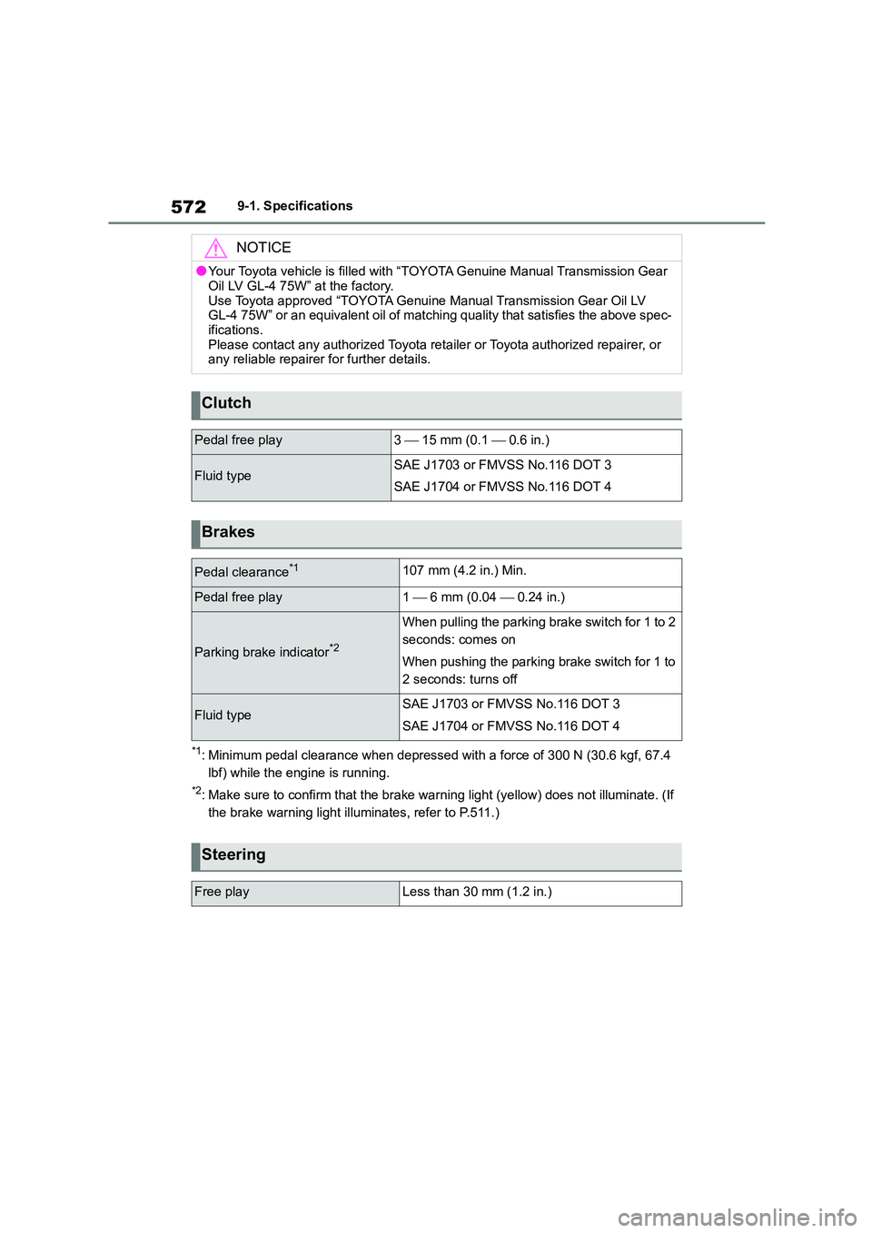 TOYOTA COROLLA HATCHBACK 2022  Owners Manual (in English) 5729-1. Specifications
*1: Minimum pedal clearance when depressed with a force of 300 N (30.6 kgf, 67.4  
lbf) while the engine is running.
*2: Make sure to confirm that the brake warning light (yello