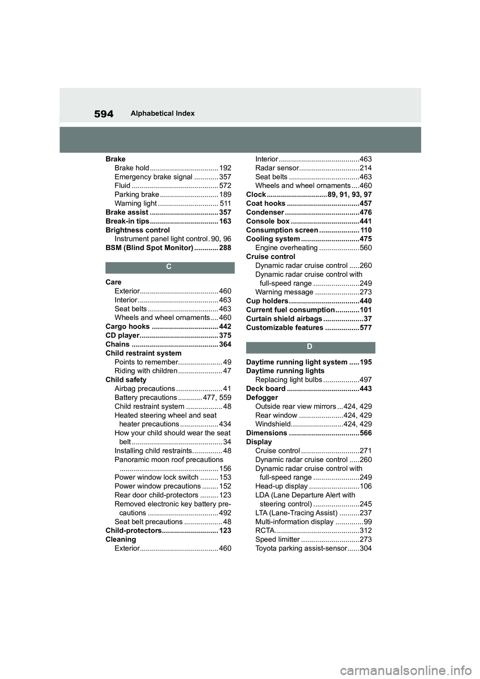 TOYOTA COROLLA HATCHBACK 2022 (in English) Repair Manual 594Alphabetical Index
Brake
Brake hold .................................. 192
Emergency brake signal ............ 357
Fluid ........................................... 572
Parking brake .......... TOYOTA COROLLA HATCHBACK 2022 (in English) Repair Manual 594Alphabetical Index
Brake
Brake hold .................................. 192
Emergency brake signal ............ 357
Fluid ........................................... 572
Parking brake ..........
