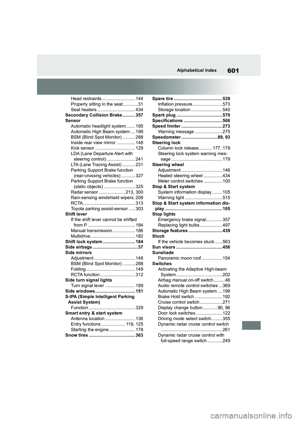 TOYOTA COROLLA HATCHBACK 2022 Owners Manual (in English) 601Alphabetical Index
Head restraints........................... 144
Properly sitting in the seat............ 31
Seat heaters............................... 434
Secondary Collision Brake .......... TOYOTA COROLLA HATCHBACK 2022 Owners Manual (in English) 601Alphabetical Index
Head restraints........................... 144
Properly sitting in the seat............ 31
Seat heaters............................... 434
Secondary Collision Brake ..........