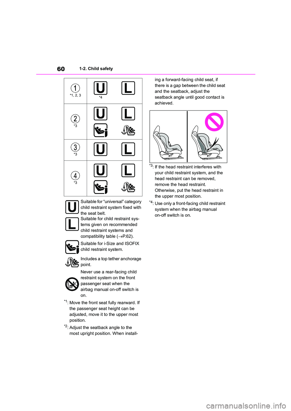 TOYOTA COROLLA HATCHBACK 2022 (in English) Repair Manual 601-2. Child safety
*1: Move the front seat fully rearward. If
the passenger seat height can be
adjusted, move it to the upper most
position.
*2: Adjust the seatback angle to the
most upright pos TOYOTA COROLLA HATCHBACK 2022 (in English) Repair Manual 601-2. Child safety
*1: Move the front seat fully rearward. If
the passenger seat height can be
adjusted, move it to the upper most
position.
*2: Adjust the seatback angle to the
most upright pos