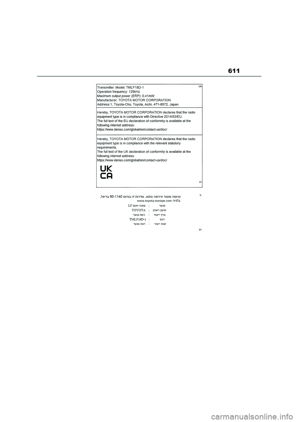 TOYOTA COROLLA HATCHBACK 2022 Owners Manual (in English) 611 TOYOTA COROLLA HATCHBACK 2022 Owners Manual (in English) 611