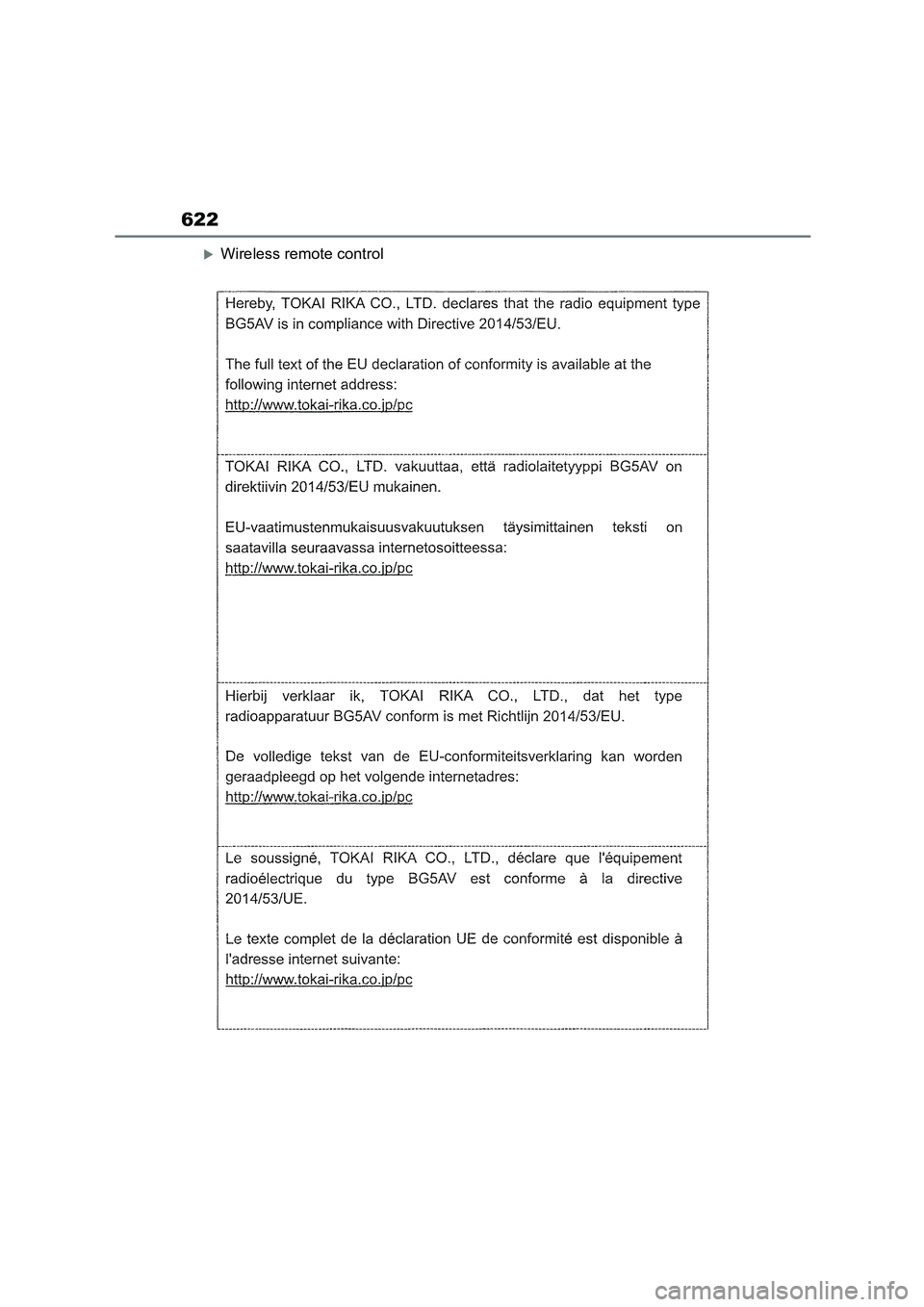 TOYOTA COROLLA HATCHBACK 2022 (in English) Owners Guide 622
Wireless remote control TOYOTA COROLLA HATCHBACK 2022 (in English) Owners Guide 622
Wireless remote control