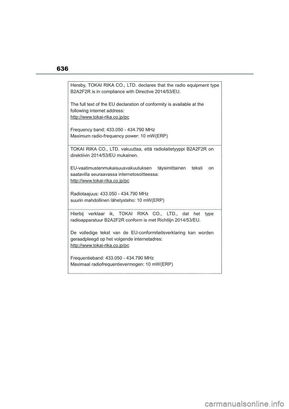 TOYOTA COROLLA HATCHBACK 2022 Owners Manual (in English) 636 TOYOTA COROLLA HATCHBACK 2022 Owners Manual (in English) 636