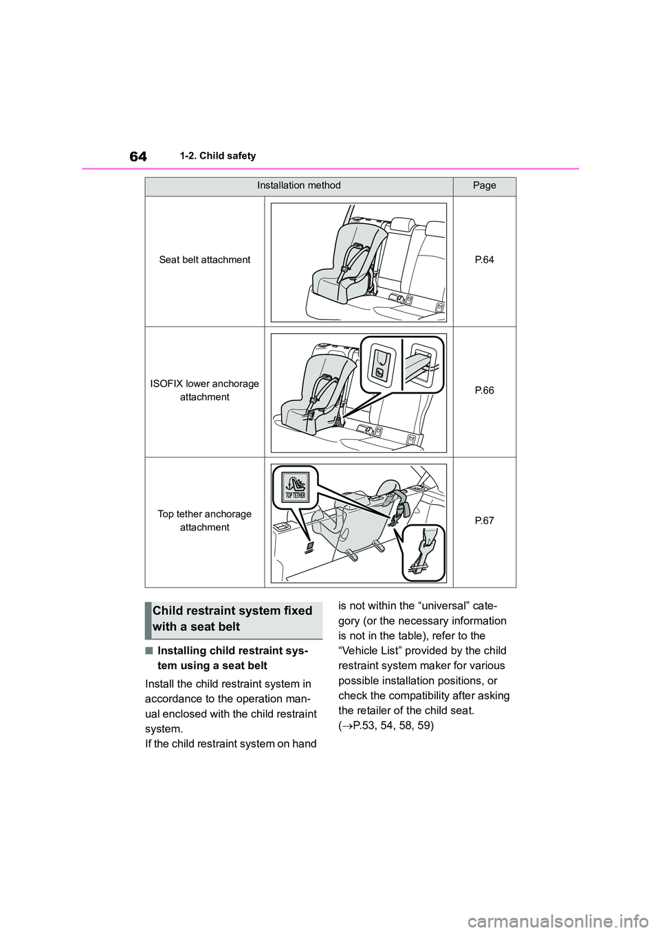 TOYOTA COROLLA HATCHBACK 2022 (in English) Repair Manual 641-2. Child safety
■Installing child restraint sys-
tem using a seat belt
Install the child re straint system in
accordance to the operation man-
ual enclosed with the child restraint
system.
TOYOTA COROLLA HATCHBACK 2022 (in English) Repair Manual 641-2. Child safety
■Installing child restraint sys-
tem using a seat belt
Install the child re straint system in
accordance to the operation man-
ual enclosed with the child restraint
system.