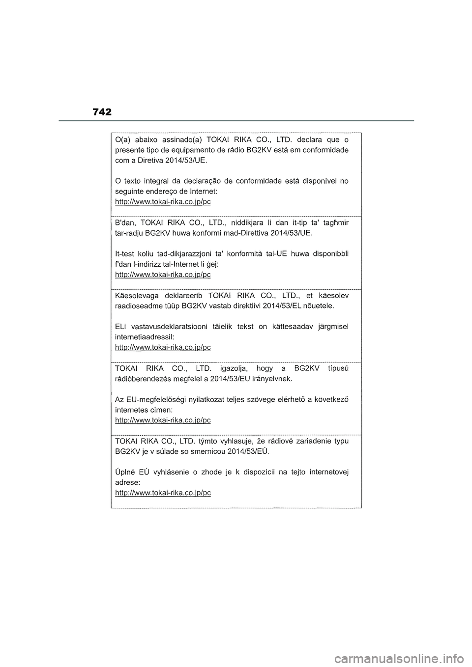 TOYOTA COROLLA HATCHBACK 2022 Owners Manual (in English) 742 TOYOTA COROLLA HATCHBACK 2022 Owners Manual (in English) 742