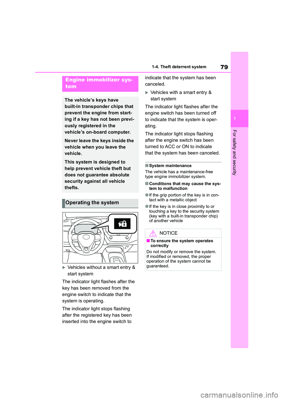 TOYOTA COROLLA HATCHBACK 2022  Owners Manual (in English) 79
1 
1-4. Theft deterrent system
For safety and security
1-4.Theft deterrent system
Vehicles without a smart entry &  
start system 
The indicator light flashes after the  
key has been removed fr