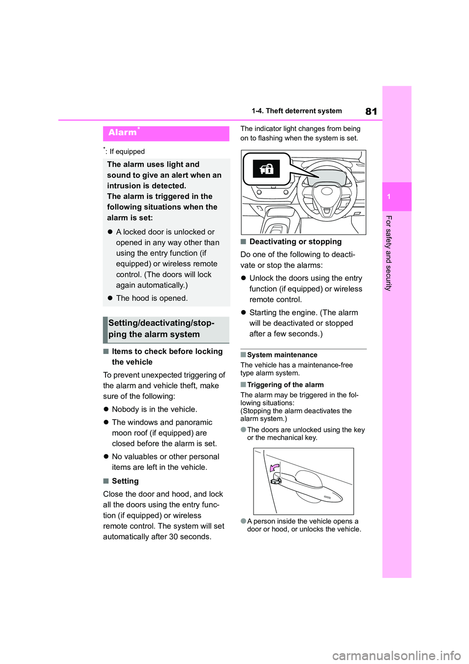 TOYOTA COROLLA HATCHBACK 2022 Owners Manual (in English) 81
1
1-4. Theft deterrent system
For safety and security
*: If equipped
■Items to check before locking
the vehicle
To prevent unexpected triggering of
the alarm and vehicle theft, make
sure o TOYOTA COROLLA HATCHBACK 2022 Owners Manual (in English) 81
1
1-4. Theft deterrent system
For safety and security
*: If equipped
■Items to check before locking
the vehicle
To prevent unexpected triggering of
the alarm and vehicle theft, make
sure o