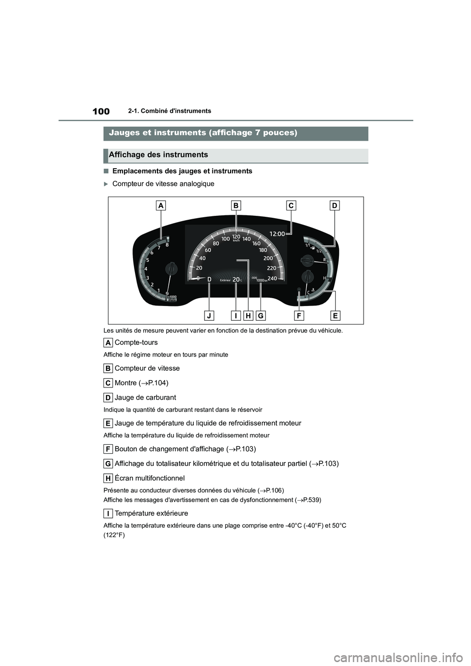 TOYOTA COROLLA HATCHBACK 2022 Notices Demploi (in French) 1002-1. Combiné dinstruments
■Emplacements des jauges et instruments
Compteur de vitesse analogique
Les unités de mesure peuvent varier en fonction de la destination prévue du véhicule.
Comp TOYOTA COROLLA HATCHBACK 2022 Notices Demploi (in French) 1002-1. Combiné dinstruments
■Emplacements des jauges et instruments
Compteur de vitesse analogique
Les unités de mesure peuvent varier en fonction de la destination prévue du véhicule.
Comp