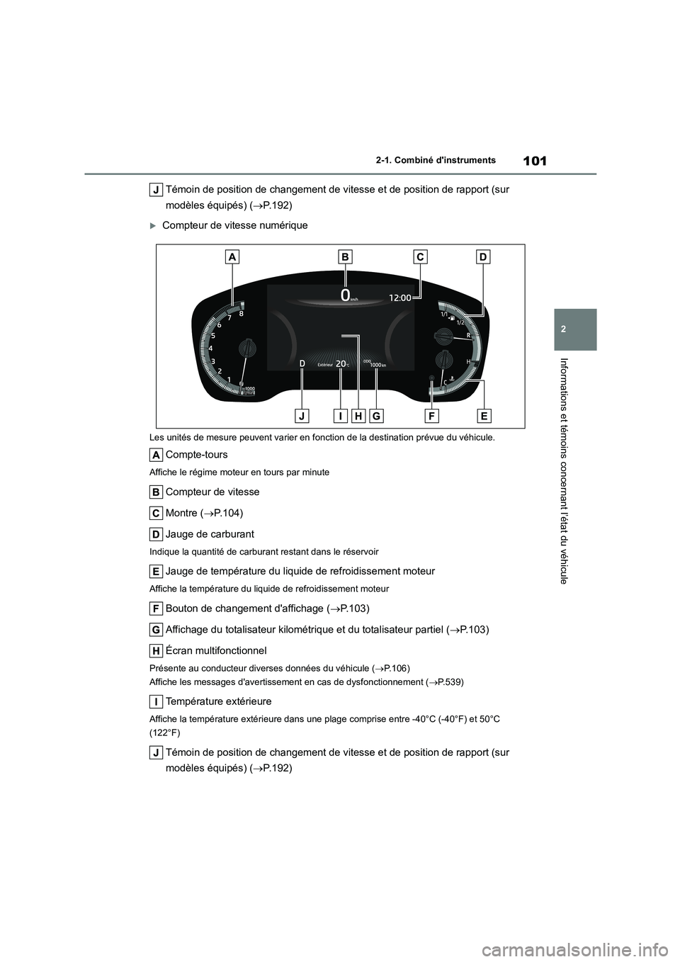 TOYOTA COROLLA HATCHBACK 2022 Notices Demploi (in French) 101
2
2-1. Combiné dinstruments
Informations et témoins concernant l’état du véhicule
Témoin de position de changement de vitesse et de position de rapport (sur
modèles équipés) ( P.1 TOYOTA COROLLA HATCHBACK 2022 Notices Demploi (in French) 101
2
2-1. Combiné dinstruments
Informations et témoins concernant l’état du véhicule
Témoin de position de changement de vitesse et de position de rapport (sur
modèles équipés) ( P.1