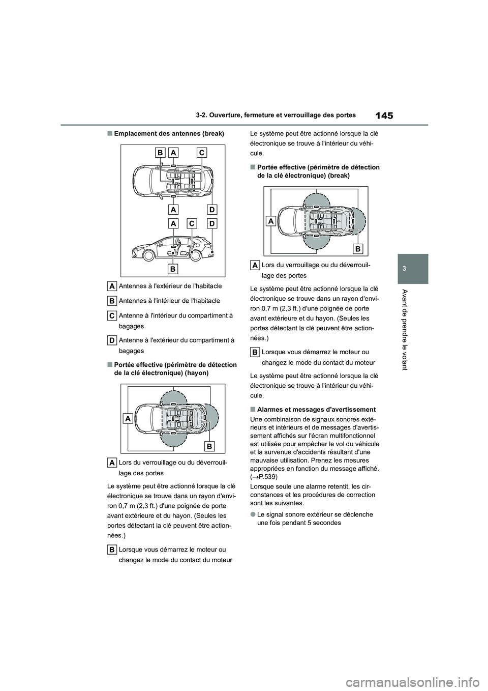 TOYOTA COROLLA HATCHBACK 2022 Notices Demploi (in French) 145
3
3-2. Ouverture, fermeture et verrouillage des portes
Avant de prendre le volant
■Emplacement des antennes (break)
Antennes à lextéri eur de lhabitacle
Antennes à lintérieur de lhab TOYOTA COROLLA HATCHBACK 2022 Notices Demploi (in French) 145
3
3-2. Ouverture, fermeture et verrouillage des portes
Avant de prendre le volant
■Emplacement des antennes (break)
Antennes à lextéri eur de lhabitacle
Antennes à lintérieur de lhab