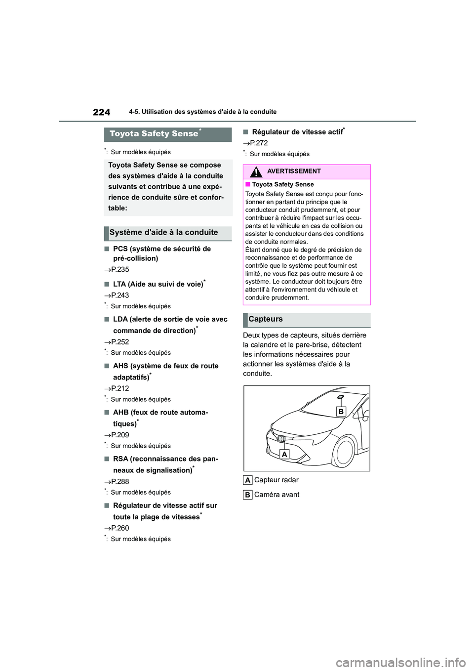 TOYOTA COROLLA HATCHBACK 2022 Notices Demploi (in French) 2244-5. Utilisation des systèmes daide à la conduite
4-5.Utilisation des systèmes daide à la conduite
*: Sur modèles équipés
■PCS (système de sécurité de
pré-collision)
P.235
■ TOYOTA COROLLA HATCHBACK 2022 Notices Demploi (in French) 2244-5. Utilisation des systèmes daide à la conduite
4-5.Utilisation des systèmes daide à la conduite
*: Sur modèles équipés
■PCS (système de sécurité de
pré-collision)
P.235
■