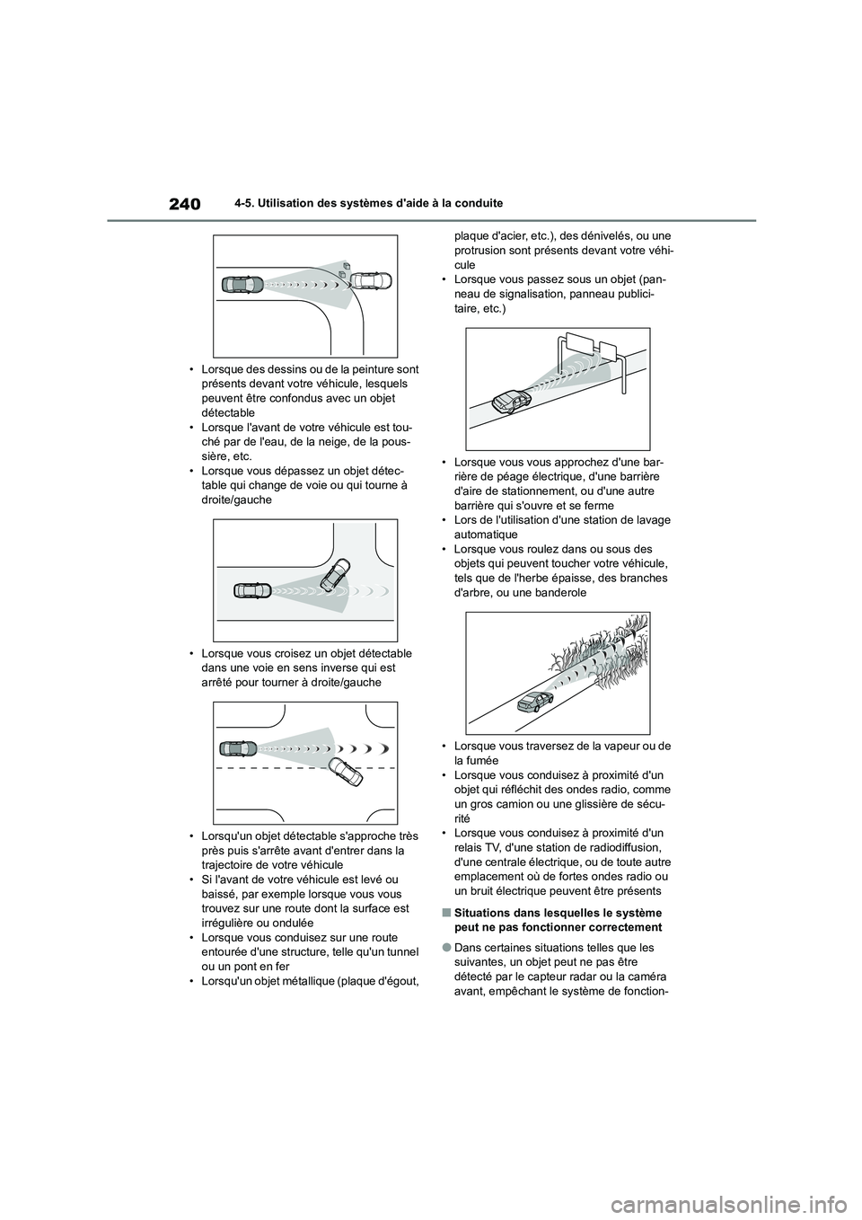 TOYOTA COROLLA HATCHBACK 2022 Notices Demploi (in French) 2404-5. Utilisation des systèmes daide à la conduite
• Lorsque des dessins ou de la peinture sont présents devant votre véhicule, lesquels
peuvent être confondus avec un objet
détectable TOYOTA COROLLA HATCHBACK 2022 Notices Demploi (in French) 2404-5. Utilisation des systèmes daide à la conduite
• Lorsque des dessins ou de la peinture sont présents devant votre véhicule, lesquels
peuvent être confondus avec un objet
détectable