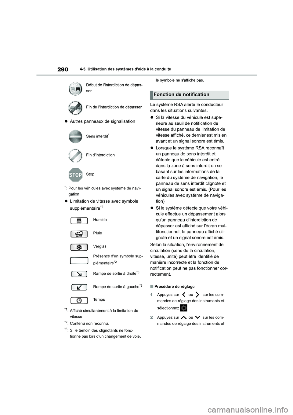 TOYOTA COROLLA HATCHBACK 2022 Notices Demploi (in French) 2904-5. Utilisation des systèmes daide à la conduite
Autres panneaux de signalisation
*: Pour les véhicules avec système de navi-
gation
Limitation de vitesse avec symbole
supplémentai TOYOTA COROLLA HATCHBACK 2022 Notices Demploi (in French) 2904-5. Utilisation des systèmes daide à la conduite
Autres panneaux de signalisation
*: Pour les véhicules avec système de navi-
gation
Limitation de vitesse avec symbole
supplémentai