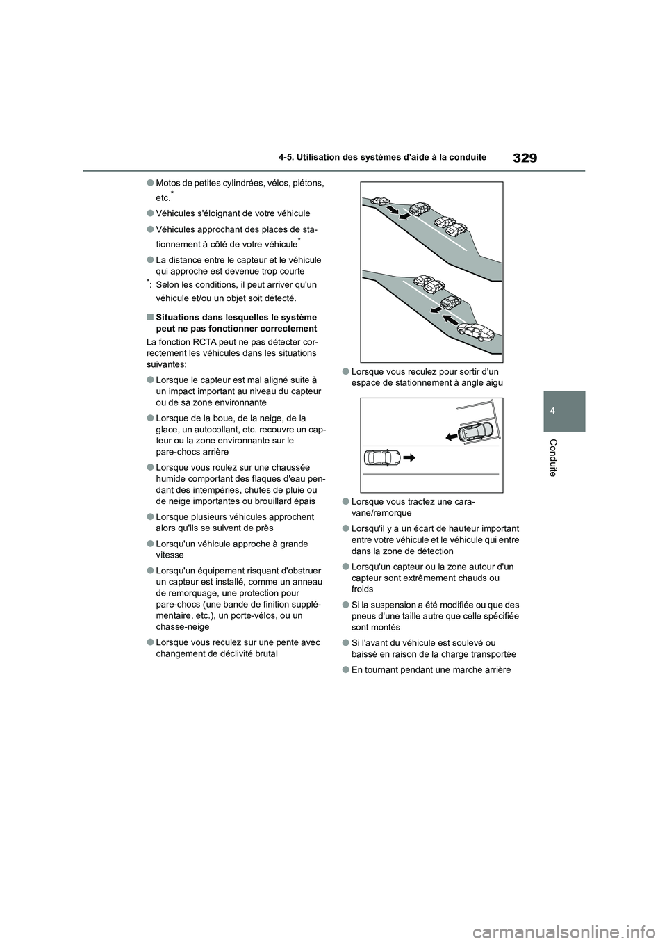 TOYOTA COROLLA HATCHBACK 2022  Notices Demploi (in French) 329
4 
4-5. Utilisation des systèmes daide à la conduite
Conduite
●Motos de petites cylindrées, vélos, piétons,  
etc.*
●Véhicules séloignant de votre véhicule
●Véhicules approchant d