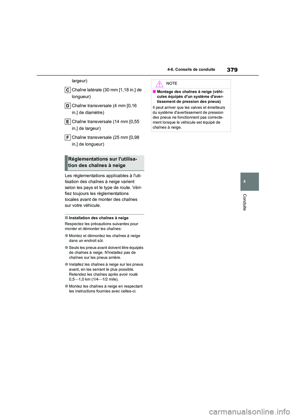 TOYOTA COROLLA HATCHBACK 2022  Notices Demploi (in French) 379
4 
4-6. Conseils de conduite
Conduite
largeur) 
Chaîne latérale (30 mm [1,18 in.] de  
longueur) 
Chaîne transversale (4 mm [0,16  
in.] de diamètre) 
Chaîne transversale (14 mm [0,55  
in.] 