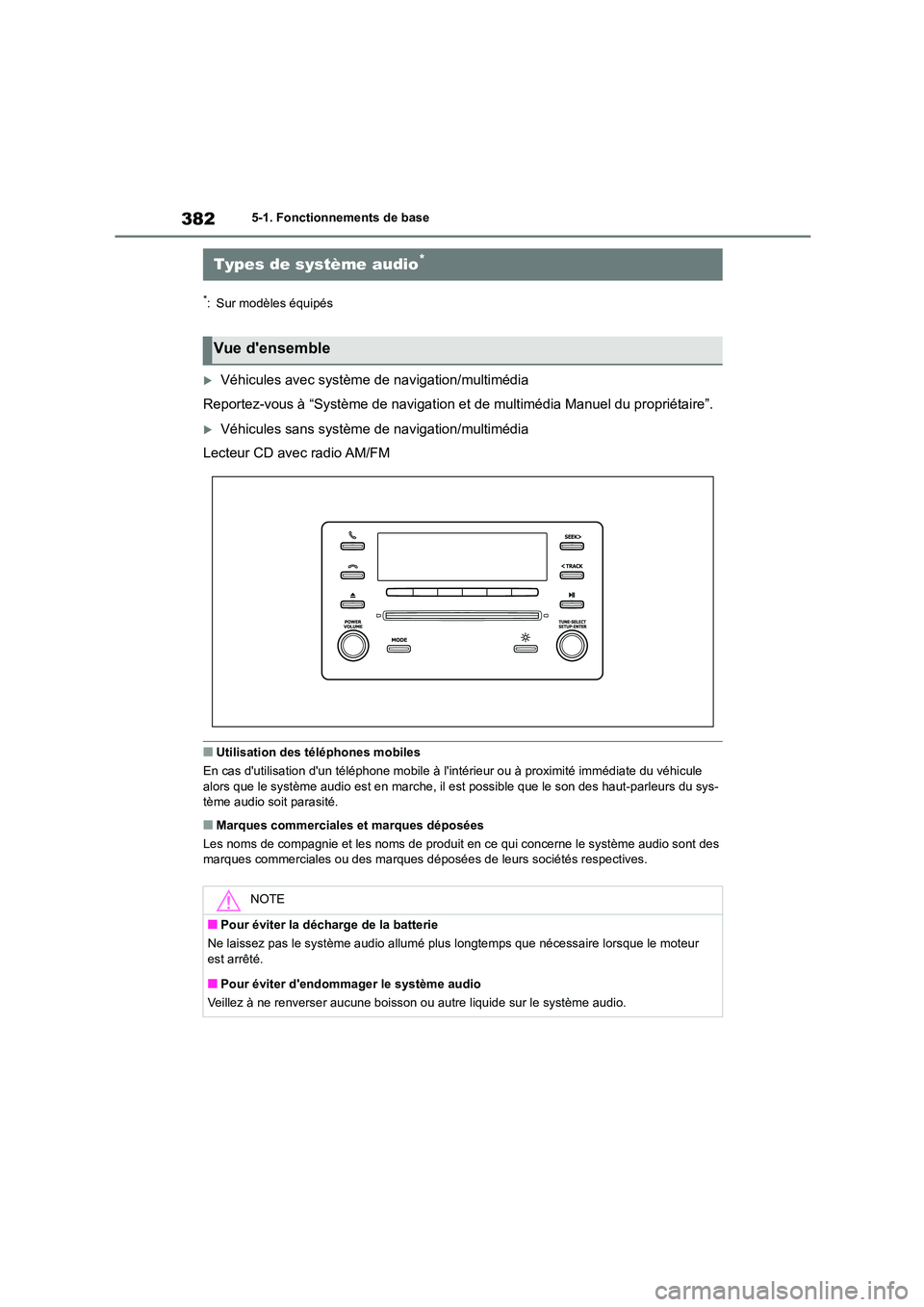 TOYOTA COROLLA HATCHBACK 2022 Notices Demploi (in French) 3825-1. Fonctionnements de base
5-1.Fonctionnements de base
*: Sur modèles équipés
Véhicules avec système de navigation/multimédia
Reportez-vous à “Système de navigation et de multimédi TOYOTA COROLLA HATCHBACK 2022 Notices Demploi (in French) 3825-1. Fonctionnements de base
5-1.Fonctionnements de base
*: Sur modèles équipés
Véhicules avec système de navigation/multimédia
Reportez-vous à “Système de navigation et de multimédi