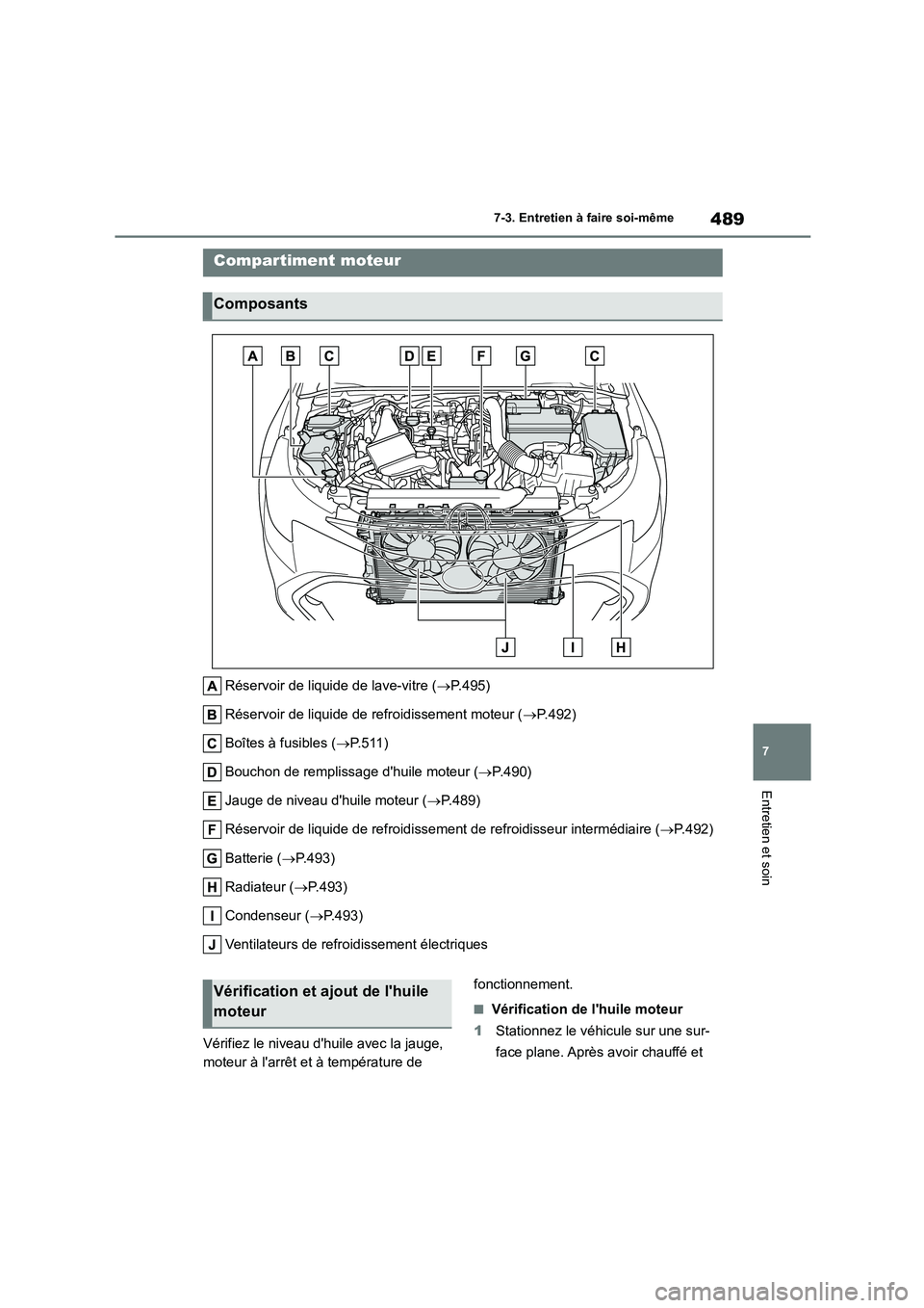 TOYOTA COROLLA HATCHBACK 2022 Notices Demploi (in French) 489
7
7-3. Entretien à faire soi-même
Entretien et soin
Réservoir de liquide de lave-vitre ( P.495)
Réservoir de liquide de refroidissement moteur ( P.492)
Boîtes à fusibles ( P. 5 1 TOYOTA COROLLA HATCHBACK 2022 Notices Demploi (in French) 489
7
7-3. Entretien à faire soi-même
Entretien et soin
Réservoir de liquide de lave-vitre ( P.495)
Réservoir de liquide de refroidissement moteur ( P.492)
Boîtes à fusibles ( P. 5 1
